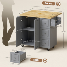 HOMCOM Kitchen Island on Wheels, Rolling Kitchen Storage Trolley with Drop Leaf, Drawers, Towel and Spice Rack, Grey - thumbnail 3
