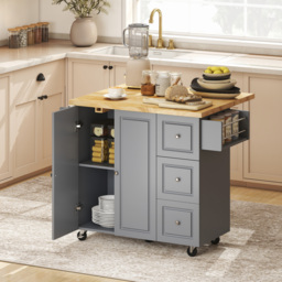 HOMCOM Kitchen Island on Wheels, Rolling Kitchen Storage Trolley with Drop Leaf, Drawers, Towel and Spice Rack, Grey - thumbnail 2