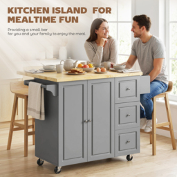 HOMCOM Kitchen Island on Wheels, Rolling Kitchen Storage Trolley with Drop Leaf, Drawers, Towel and Spice Rack, Grey - thumbnail 4
