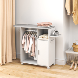 HOMCOM Rolling Ironing Board Cabinet, Foldable Ironing Station with Storage, Wheels for Home, Laundry Room, White - thumbnail 2