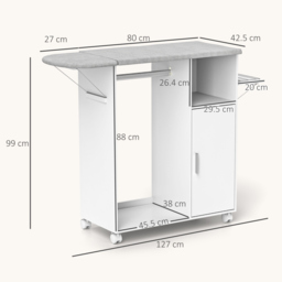 HOMCOM Rolling Ironing Board Cabinet, Foldable Ironing Station with Storage, Wheels for Home, Laundry Room, White - thumbnail 3