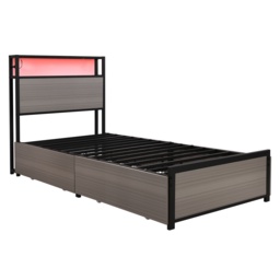 Metal Single Bed with LED Light Strip, 4 Drawers, and 3 USB Ports, Ideal for Home and Bedroom Furniture, 207x90.5x105 cm, Gray - Aosom.UK - thumbnail 2