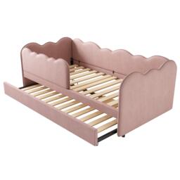 Upholstered Daybed with Pull-Out Trundle, Iron Frame and 2 U‑Shaped Bars, Bed Frame with Thick Foam Backrest, 197L x 99W x 70H cm, Pink - Aosom UK - thumbnail 9