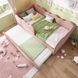 Upholstered Daybed with Pull-Out Trundle, Iron Frame and 2 U‑Shaped Bars, Bed Frame with Thick Foam Backrest, 197L x 99W x 70H cm, Pink - Aosom UK - thumbnail 1