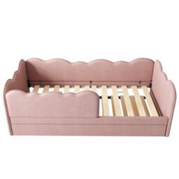 Upholstered Daybed with Pull-Out Trundle, Iron Frame and 2 U‑Shaped Bars, Bed Frame with Thick Foam Backrest, 197L x 99W x 70H cm, Pink - Aosom UK - thumbnail 2