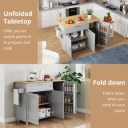 Versatile Kitchen Island with Foldable Worktop, Adjustable Shelves, Multifunctional Cabinet for Dining Areas, 132.5L x 44W x 90H cm, Gray - Aosom UK - thumbnail 7