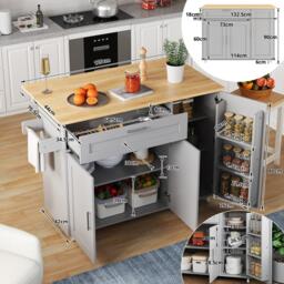 Versatile Kitchen Island with Foldable Worktop, Adjustable Shelves, Multifunctional Cabinet for Dining Areas, 132.5L x 44W x 90H cm, Gray - Aosom UK - thumbnail 3