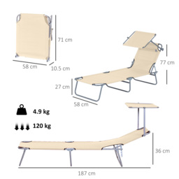 Outsunny Sun Lounger with Reclining Back, Folding Design & Sun Shade, Ideal for Garden & Beach, Beige - Aosom UK - thumbnail 3