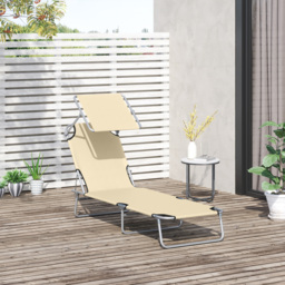 Outsunny Sun Lounger with Reclining Back, Folding Design & Sun Shade, Ideal for Garden & Beach, Beige - Aosom UK - thumbnail 2