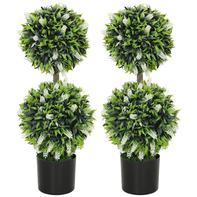 HOMCOM Set of 2 Decorative Artificial Plants Ball Trees with Lavender Flowers in Pot Fake Plants for Home Indoor Outdoor Decor, 70cm, White - image 1