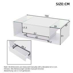 High-Gloss Coffee Table with a Drawer and Semi-Open Storage, Modern Centre Table for Living Room and Office, 100L x 50W x 31H cm, White - Aosom UK - thumbnail 3