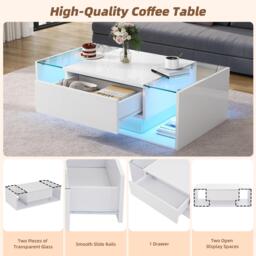 High-Gloss Coffee Table with a Drawer and Semi-Open Storage, Modern Centre Table for Living Room and Office, 100L x 50W x 31H cm, White - Aosom UK - thumbnail 4