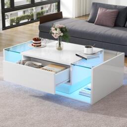 High-Gloss Coffee Table with a Drawer and Semi-Open Storage, Modern Centre Table for Living Room and Office, 100L x 50W x 31H cm, White - Aosom UK - thumbnail 8