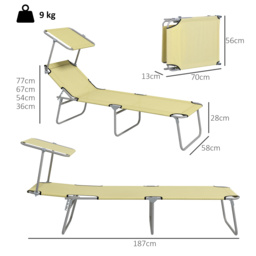 Outsunny Outdoor Foldable Sun Lounger Set of 2, 4 Level Adjustable Backrest, Reclining Chair with Angle Adjust Sun Shade Awning, Beige - thumbnail 3