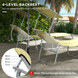 Outsunny Outdoor Foldable Sun Lounger Set of 2, 4 Level Adjustable Backrest, Reclining Chair with Angle Adjust Sun Shade Awning, Beige - thumbnail 4