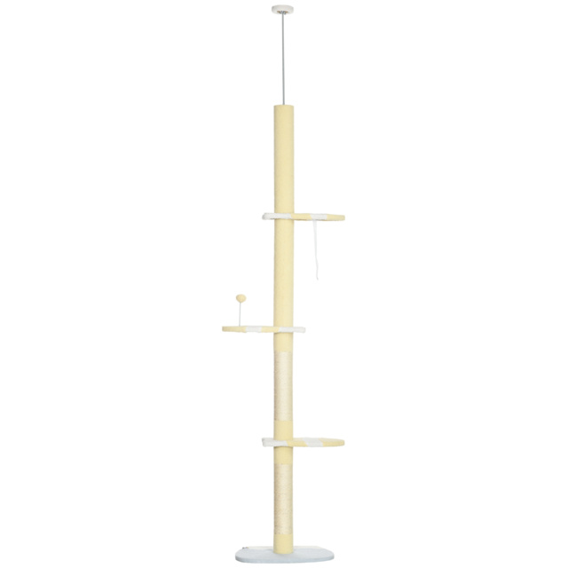 PawHut 260cm Cat Tower Cat Tree, Floor to Ceiling, Height Adjustable with Anti-slip Kit and Fish-shaped Scratching Post Ball, Yellow - image 1