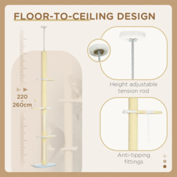 PawHut 260cm Cat Tower Cat Tree, Floor to Ceiling, Height Adjustable with Anti-slip Kit and Fish-shaped Scratching Post Ball, Yellow - thumbnail 5