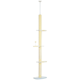 PawHut 260cm Cat Tower Cat Tree, Floor to Ceiling, Height Adjustable with Anti-slip Kit and Fish-shaped Scratching Post Ball, Yellow - thumbnail 1