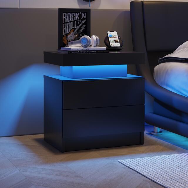 Space-Saving Nightstand with Adjustable LED Lights, 2 Drawers, Modern Bedside Table for Bedroom, Living Room, 49L x 35W x 52H cm, Black - Aosom.UK - image 1