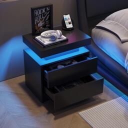 Space-Saving Nightstand with Adjustable LED Lights, 2 Drawers, Modern Bedside Table for Bedroom, Living Room, 49L x 35W x 52H cm, Black - Aosom.UK - thumbnail 6