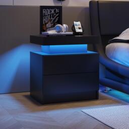 Space-Saving Nightstand with Adjustable LED Lights, 2 Drawers, Modern Bedside Table for Bedroom, Living Room, 49L x 35W x 52H cm, Black - Aosom.UK - thumbnail 1