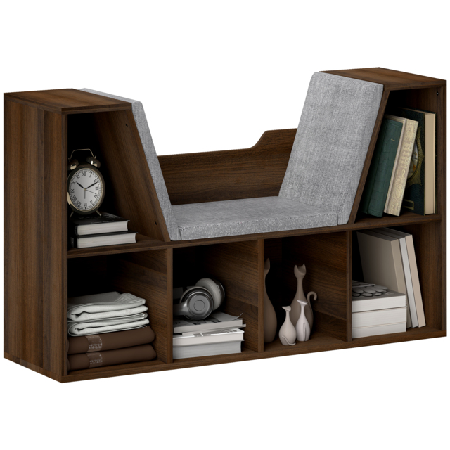 HOMCOM Bookcase Storage Shelf with Cushioned Reading Seat, Cube Bookshelf Organizer for Bedroom Living Room, Chestnut - image 1