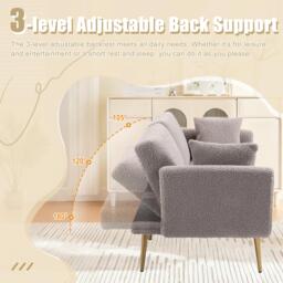Modern 2-Seater Sofa with 3-Position Adjustable Backrest, Durable Loveseat with Thick Padded Cushions, 165L x 72.5W x 75H cm, Grey Teddy - Aosom UK - thumbnail 5