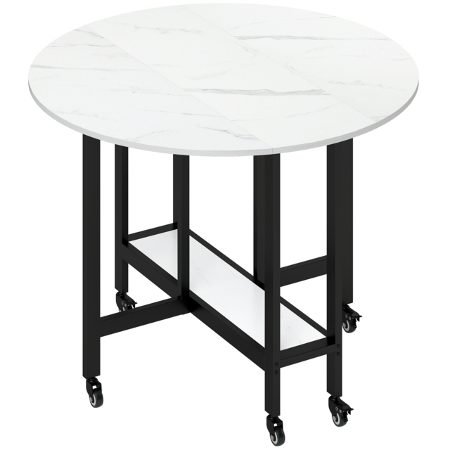 HOMCOM Folding Dining Table, Drop Leaf Table with Open Shelf, Rolling Kitchen Table for Dining Room, Small Spaces, White Marble - image 1