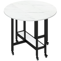 HOMCOM Folding Dining Table, Drop Leaf Table with Open Shelf, Rolling Kitchen Table for Dining Room, Small Spaces, White Marble - thumbnail 1
