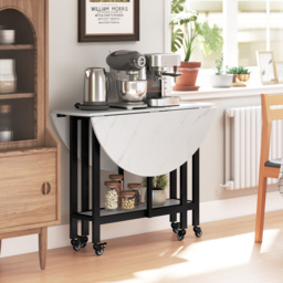 HOMCOM Folding Dining Table, Drop Leaf Table with Open Shelf, Rolling Kitchen Table for Dining Room, Small Spaces, White Marble - thumbnail 8