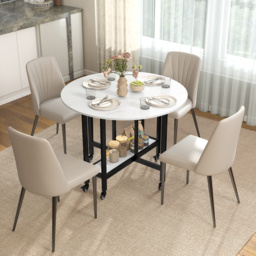HOMCOM Folding Dining Table, Drop Leaf Table with Open Shelf, Rolling Kitchen Table for Dining Room, Small Spaces, White Marble - thumbnail 2
