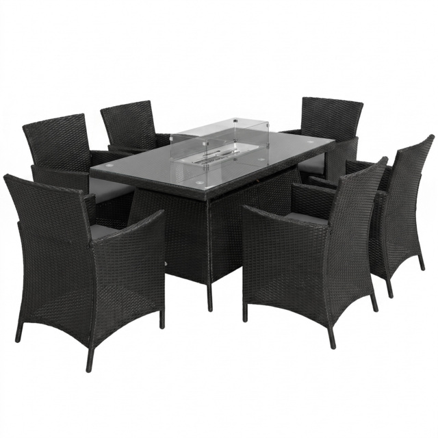 Outsunny 7 Pieces Outdoor Rattan Garden Furniture with Fire Pit Table, 6 Seater Garden Table and Chairs with Heater Table, Windscreen, Black - image 1