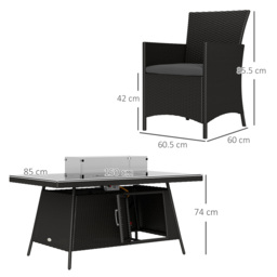 Outsunny 7 Pieces Outdoor Rattan Garden Furniture with Fire Pit Table, 6 Seater Garden Table and Chairs with Heater Table, Windscreen, Black - thumbnail 3