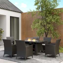 Outsunny 7 Pieces Outdoor Rattan Garden Furniture with Fire Pit Table, 6 Seater Garden Table and Chairs with Heater Table, Windscreen, Black - thumbnail 9
