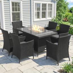 Outsunny 7 Pieces Outdoor Rattan Garden Furniture with Fire Pit Table, 6 Seater Garden Table and Chairs with Heater Table, Windscreen, Black - thumbnail 2