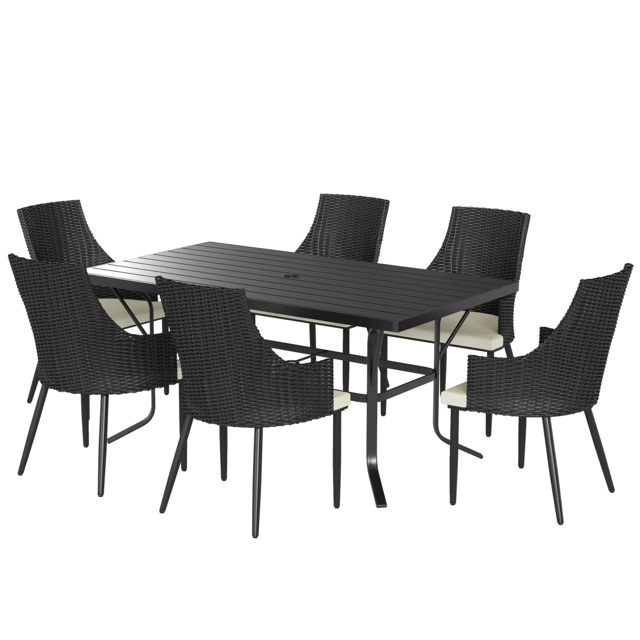 Outsunny 6 Seater Rattan Dining Set with Cushions, Garden Furniture Set with Armchairs, Rectangle Slatted Table Top, Steel Frame, Parasol Hole, Wicker Outdoor Furniture for Patio, Balcony, Cream White - image 1