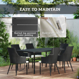 Outsunny 6 Seater Rattan Dining Set with Cushions, Garden Furniture Set with Armchairs, Rectangle Slatted Table Top, Steel Frame, Parasol Hole, Wicker Outdoor Furniture for Patio, Balcony, Cream White - thumbnail 7
