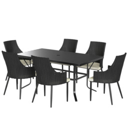 Outsunny 6 Seater Rattan Dining Set with Cushions, Garden Furniture Set with Armchairs, Rectangle Slatted Table Top, Steel Frame, Parasol Hole, Wicker Outdoor Furniture for Patio, Balcony, Cream White - thumbnail 1