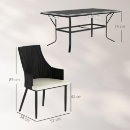 Outsunny 6 Seater Rattan Dining Set with Cushions, Garden Furniture Set with Armchairs, Rectangle Slatted Table Top, Steel Frame, Parasol Hole, Wicker Outdoor Furniture for Patio, Balcony, Cream White - thumbnail 3