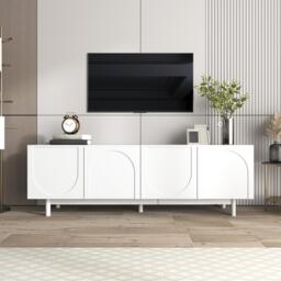 Modern Lowboard TV Cabinet with Push-to-Open Doors and Adjustable Shelves, Durable TV Stand for Living Room, 175L x 38W x 56H cm, White - Aosom UK - thumbnail 1