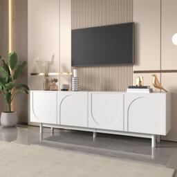 Modern Lowboard TV Cabinet with Push-to-Open Doors and Adjustable Shelves, Durable TV Stand for Living Room, 175L x 38W x 56H cm, White - Aosom UK - thumbnail 5
