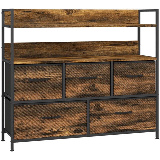 HOMCOM Rustic Chest of Five Fabric Drawers - Brown Wood Effect - Aosom UK - image 1