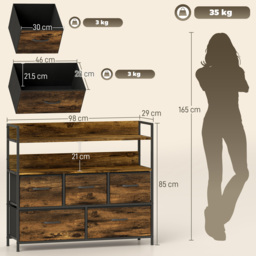 HOMCOM Rustic Chest of Five Fabric Drawers - Brown Wood Effect - Aosom UK - thumbnail 3