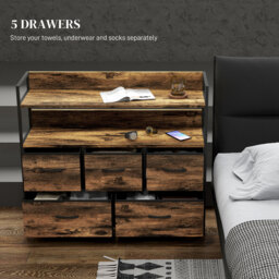 HOMCOM Rustic Chest of Five Fabric Drawers - Brown Wood Effect - Aosom UK - thumbnail 4