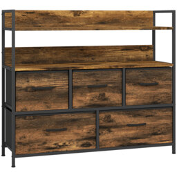 HOMCOM Rustic Chest of Five Fabric Drawers - Brown Wood Effect - Aosom UK - thumbnail 1
