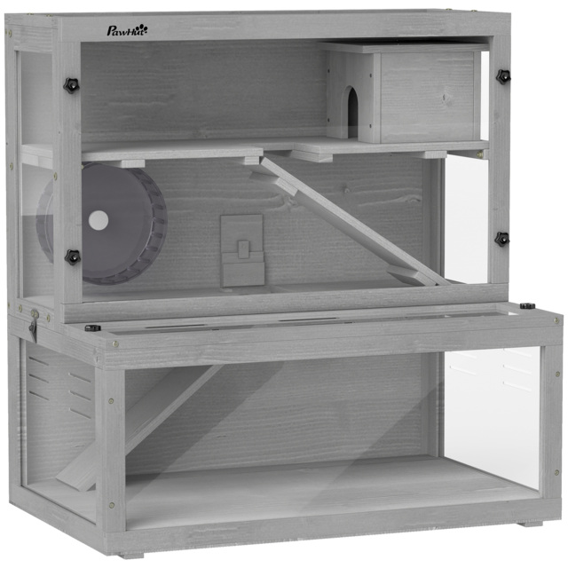 PawHut Wooden Hamster Cage with Hut, Wheel, Ramps, Removable Viewing Panels, 80 x 50 x 84 cm, Grey - image 1
