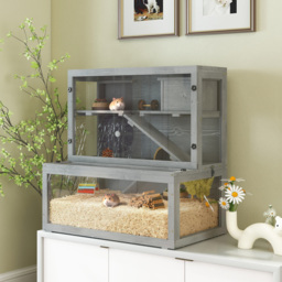 PawHut Wooden Hamster Cage with Hut, Wheel, Ramps, Removable Viewing Panels, 80 x 50 x 84 cm, Grey - thumbnail 2