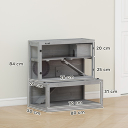PawHut Wooden Hamster Cage with Hut, Wheel, Ramps, Removable Viewing Panels, 80 x 50 x 84 cm, Grey - thumbnail 3