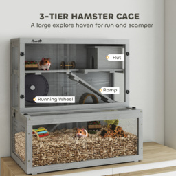 PawHut Wooden Hamster Cage with Hut, Wheel, Ramps, Removable Viewing Panels, 80 x 50 x 84 cm, Grey - thumbnail 4
