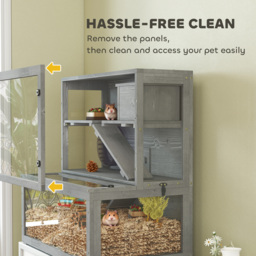 PawHut Wooden Hamster Cage with Hut, Wheel, Ramps, Removable Viewing Panels, 80 x 50 x 84 cm, Grey - thumbnail 7